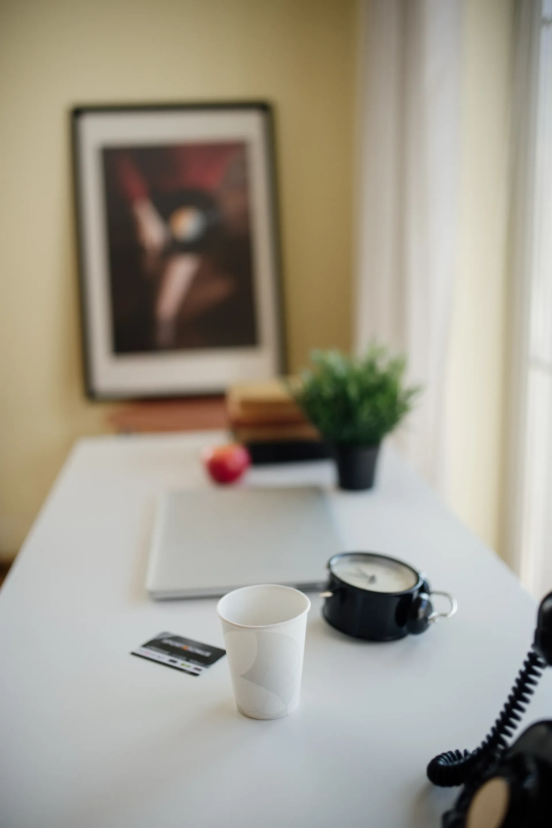 Desk workspace featuring coffee cup, laptop, and plant with artwork in background during a sunny day